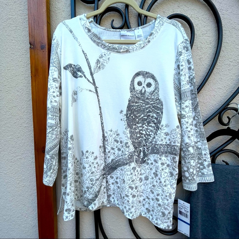 Alfred Dunner Sparkle Owl LS Knit Shirt